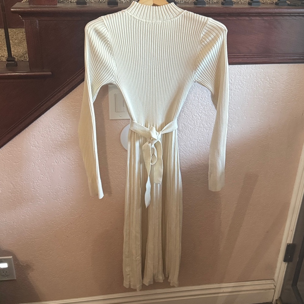 Elegant Cream Ribbed Knit Long Sleeve Sweater Dress that Ties Casual Winter